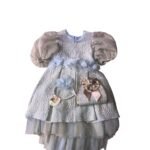 Gold and Blue Pleated High and Low Damask Dress