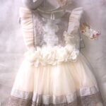 Beige Lace Party Dress With Sling Bag For Girls