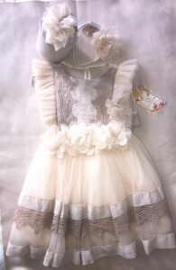 Beige Lace Party Dress With Sling Bag For Girls